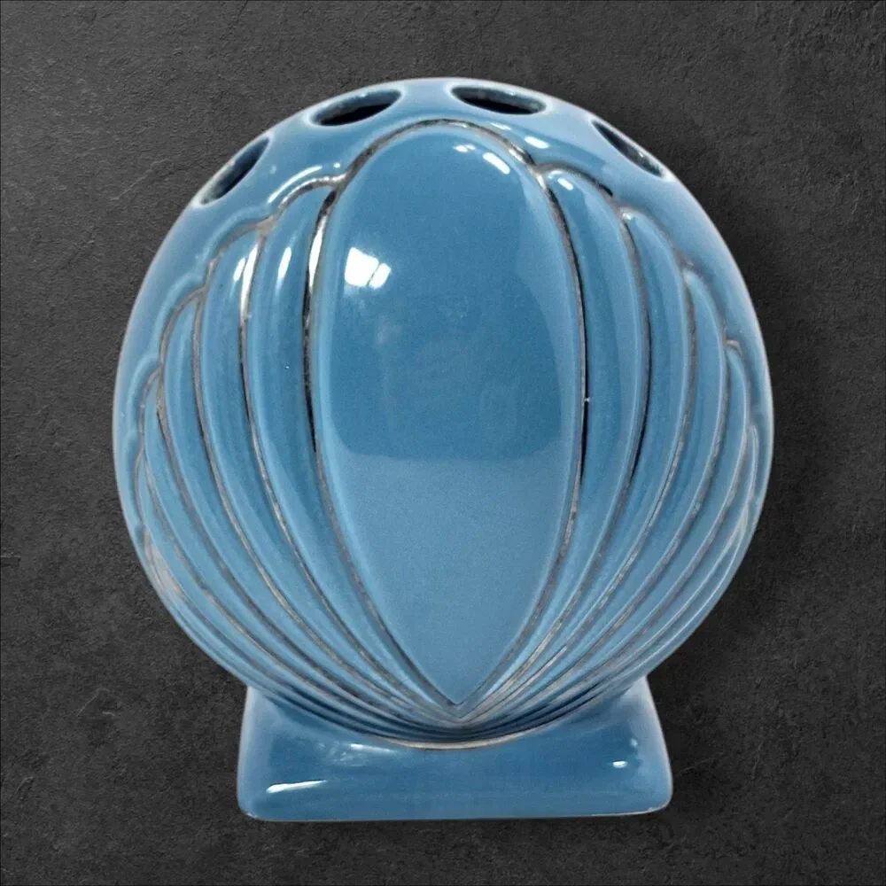 Vintage Blue Silver Seashell Toothbrush Holder Ceramic Nautical Beach Bathroom